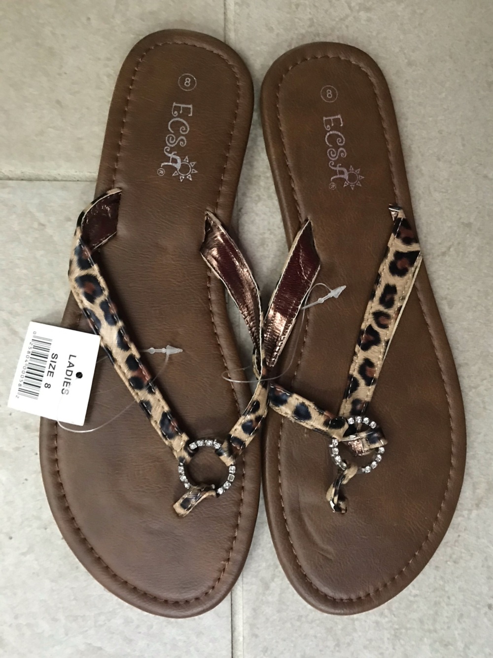 Leopard Print T-Strap Sandals with Rhinestone Ring - Brown